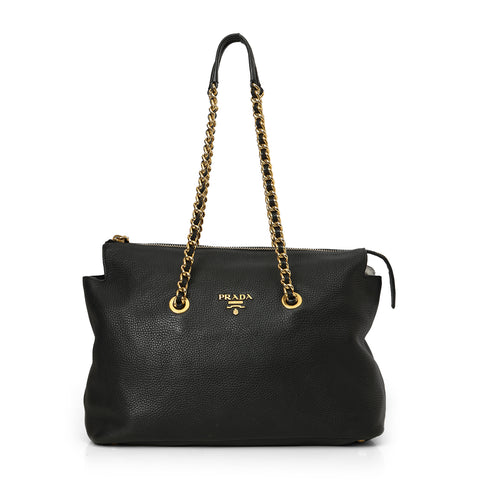 Black Pebbled Leather Chain Tote Bag
