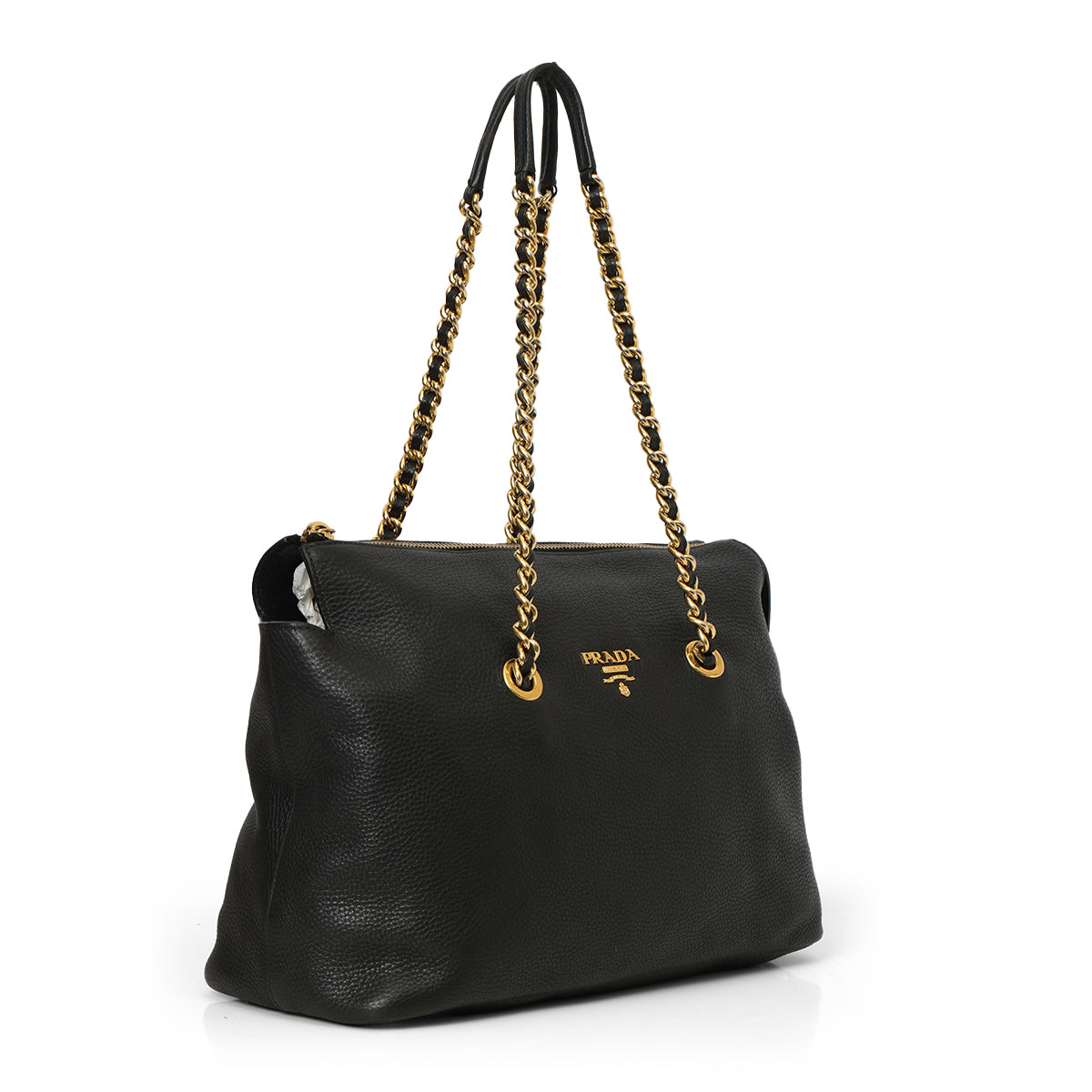 Black Pebbled Leather Chain Tote Bag