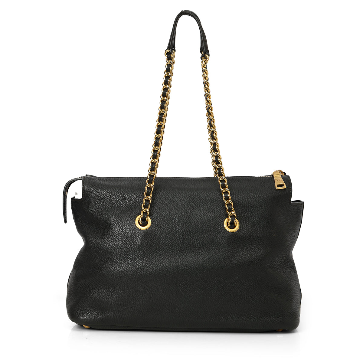 Black Pebbled Leather Chain Tote Bag