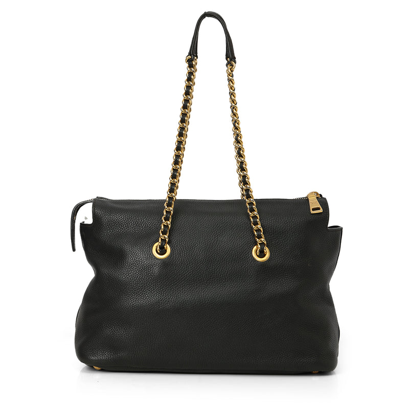 Black Pebbled Leather Chain Tote Bag