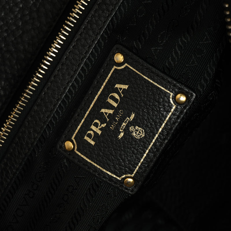 Black Pebbled Leather Chain Tote Bag
