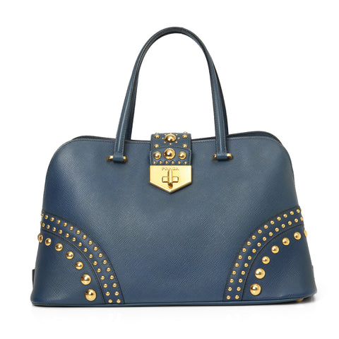Blue Saffiano Cuir Studded Dome Bag
