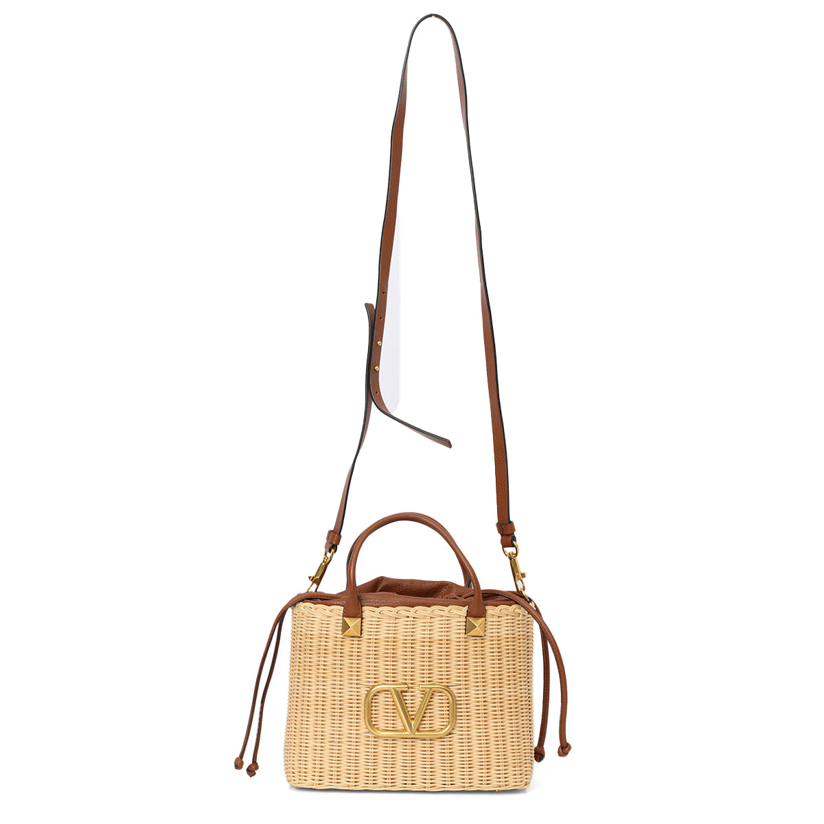 V Logo Small Wicker Basket Bag