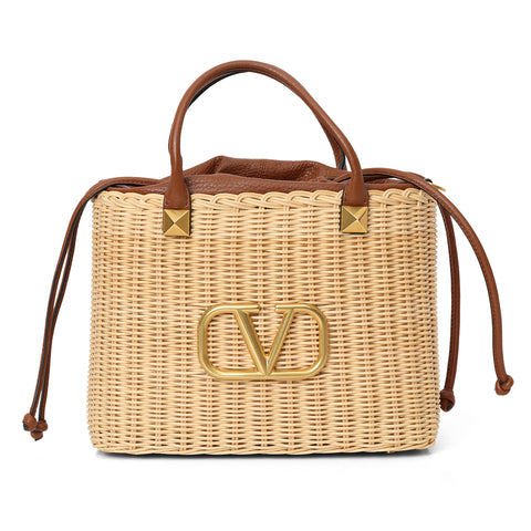 V Logo Small Wicker Basket Bag