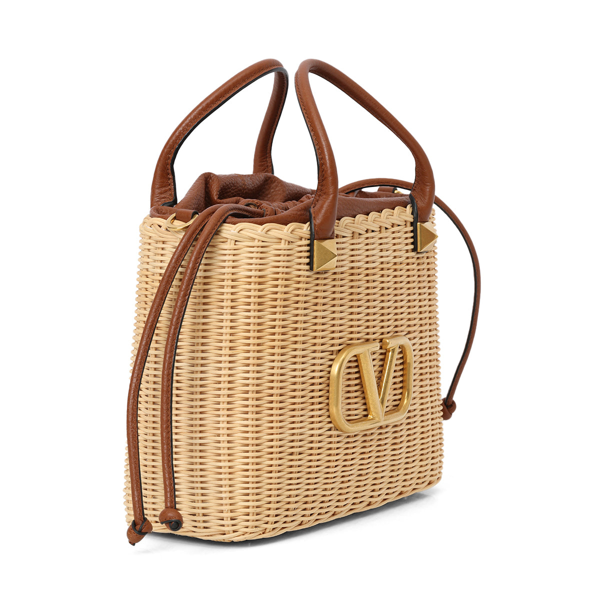 V Logo Small Wicker Basket Bag