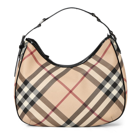 Beige/Black Nova Check Coated Canvas & Leather Hobo Medium