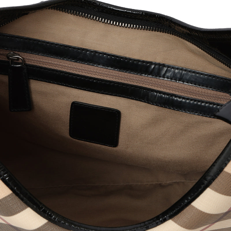 Women pre loved burberry beige black leather hobo medium