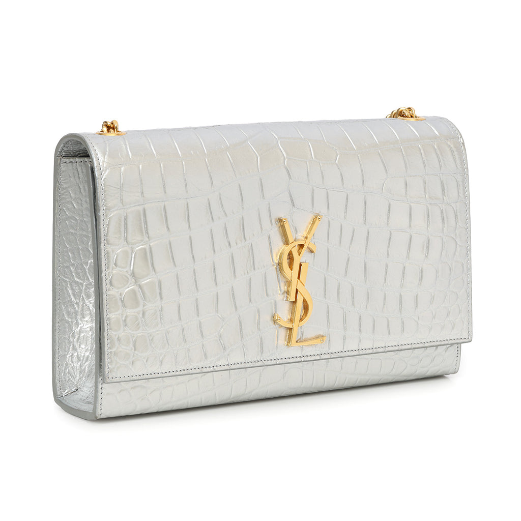 Yves Saint Laurent Silver Kate Medium Tassel In Crocodile-Embossed Leather