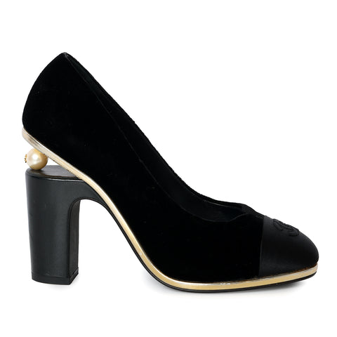 Black Interlocking CC Logo Velvet Pumps- EU-37.5