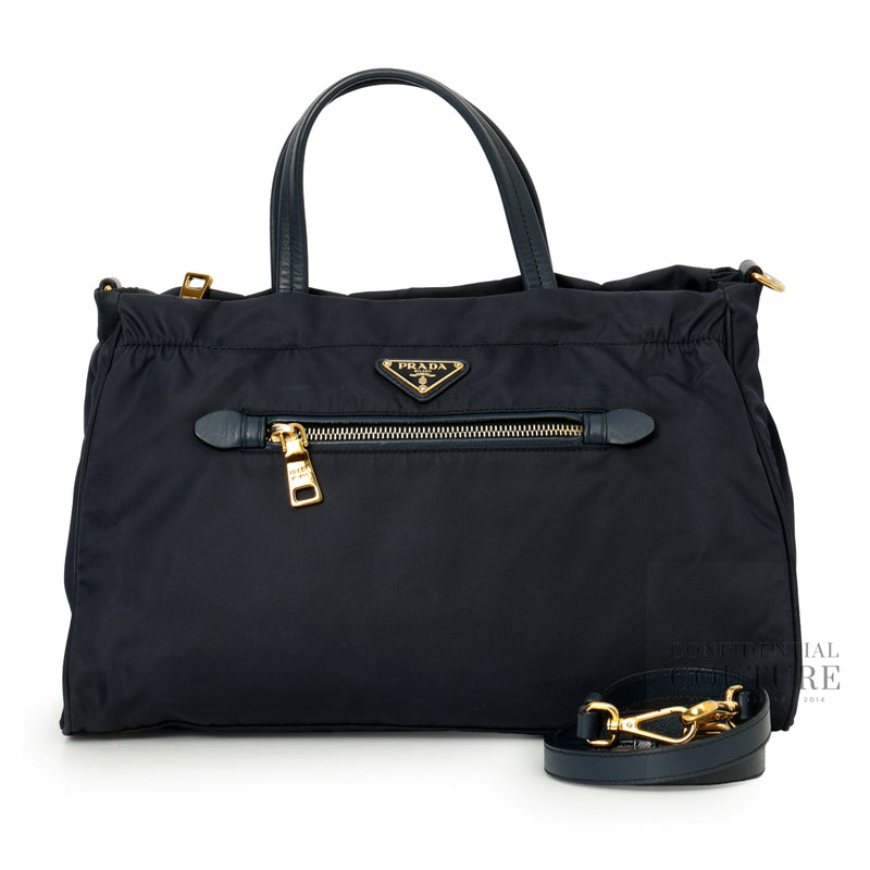 Navy Baltico Tessuto Nylon and Soft Calf Leather Tote Bag