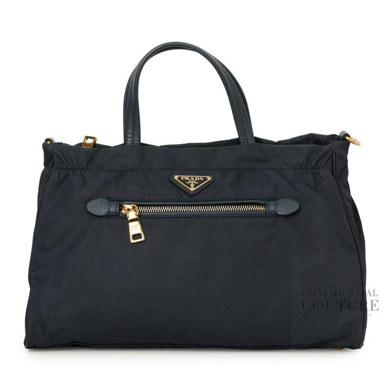 Navy Baltico Tessuto Nylon and Soft Calf Leather Tote Bag