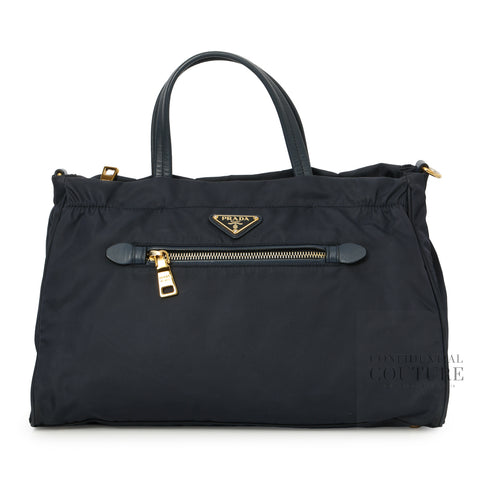 Navy Baltico Tessuto Nylon and Soft Calf Leather Tote Bag