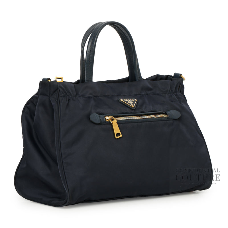 Navy Baltico Tessuto Nylon and Soft Calf Leather Tote Bag