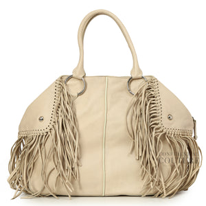 Cream Leather Large Fringe Satchel Bag