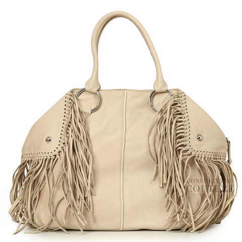 Cream Leather Large Fringe Satchel Bag