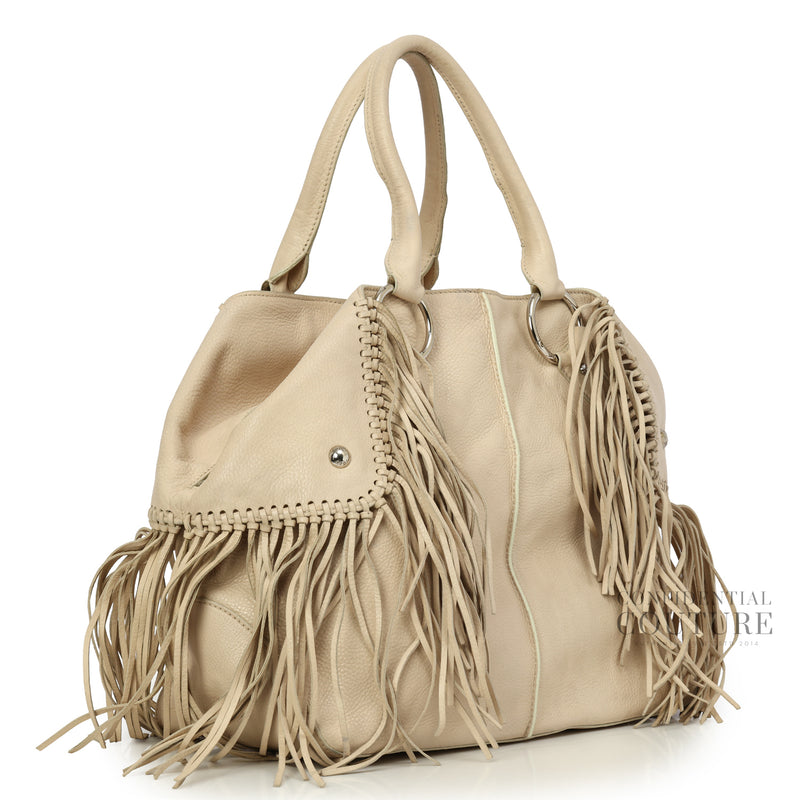 Cream Leather Large Fringe Satchel Bag