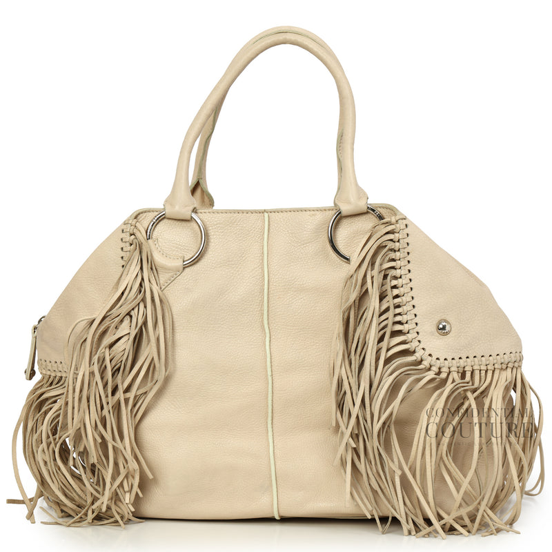Cream Leather Large Fringe Satchel Bag