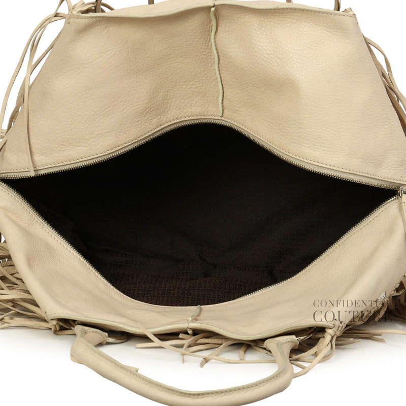 Cream Leather Large Fringe Satchel Bag