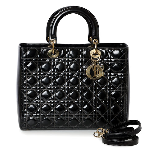 Black Large Patent Leather Lady Dior Bag (Restored)