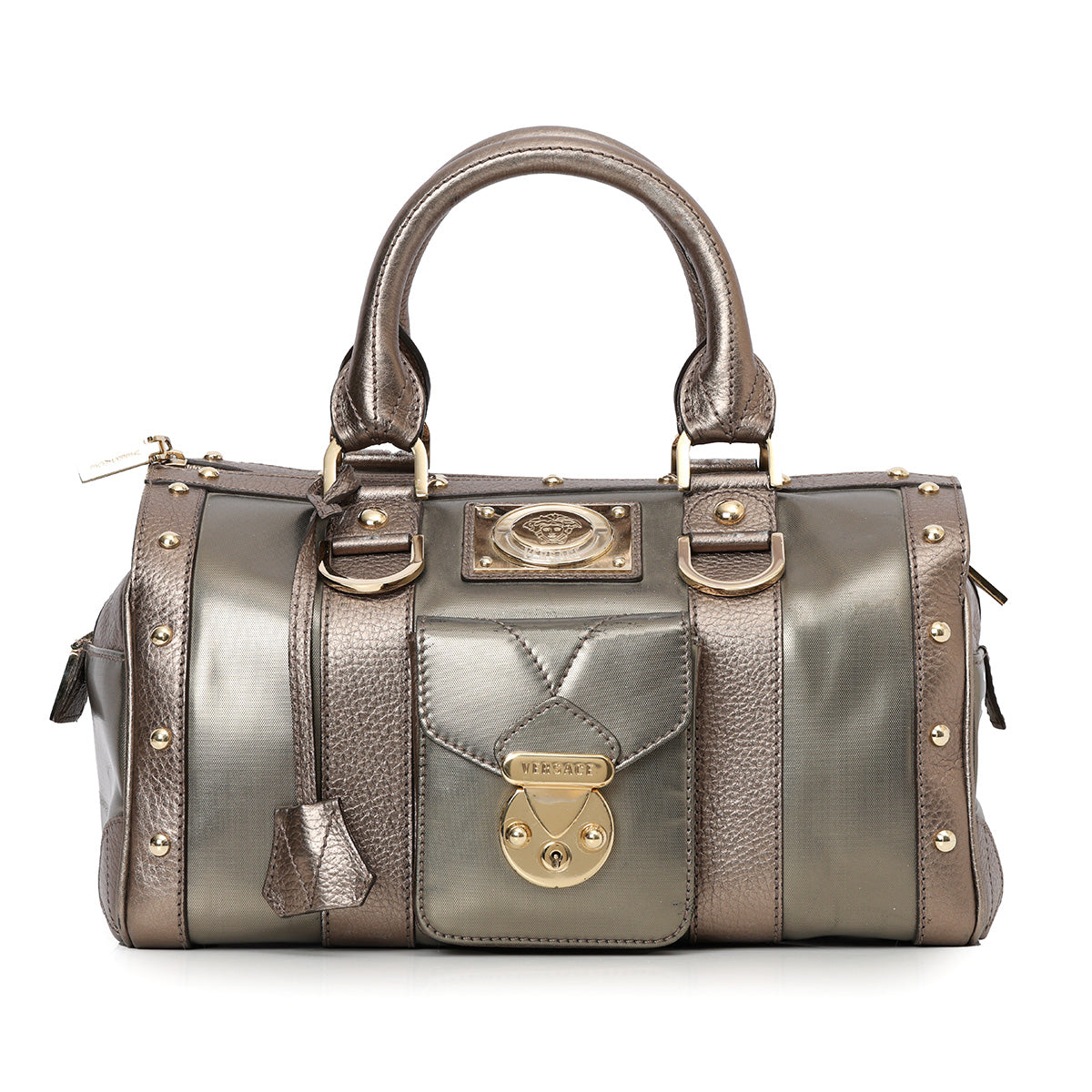 Grey Metallic Coated Fabric and Leather Snap Out Of It Satchel