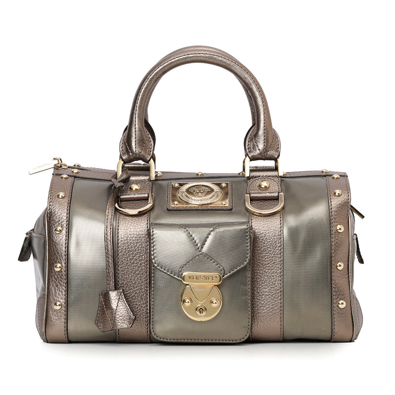 Grey Metallic Coated Fabric and Leather Snap Out Of It Satchel