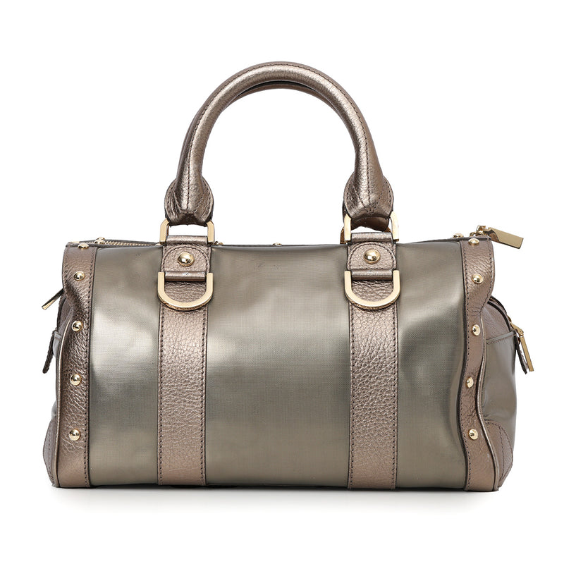 Grey Metallic Coated Fabric and Leather Snap Out Of It Satchel