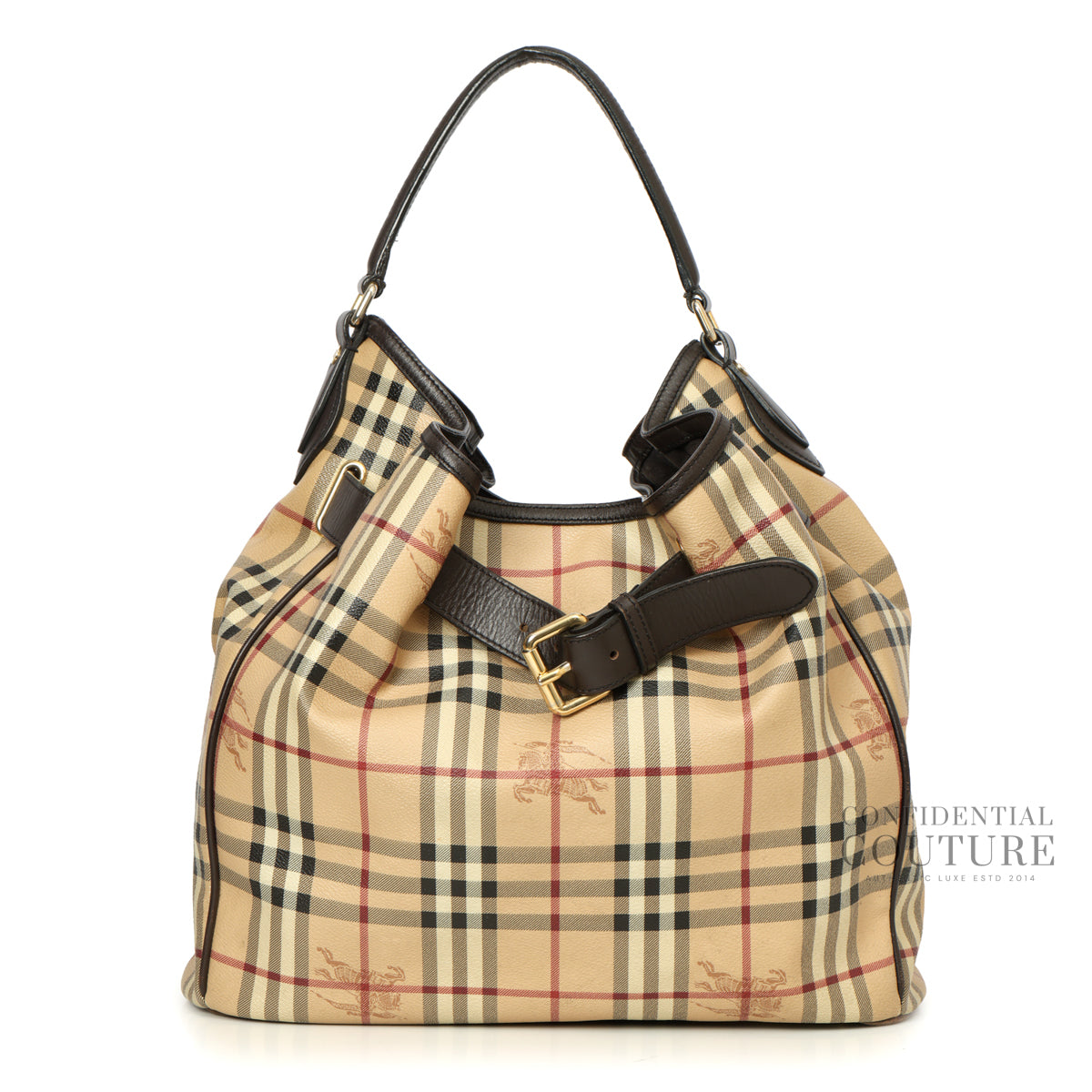 Haymarket Beige/Brown Check Canvas and Leather Medium Walden Belted Hobo