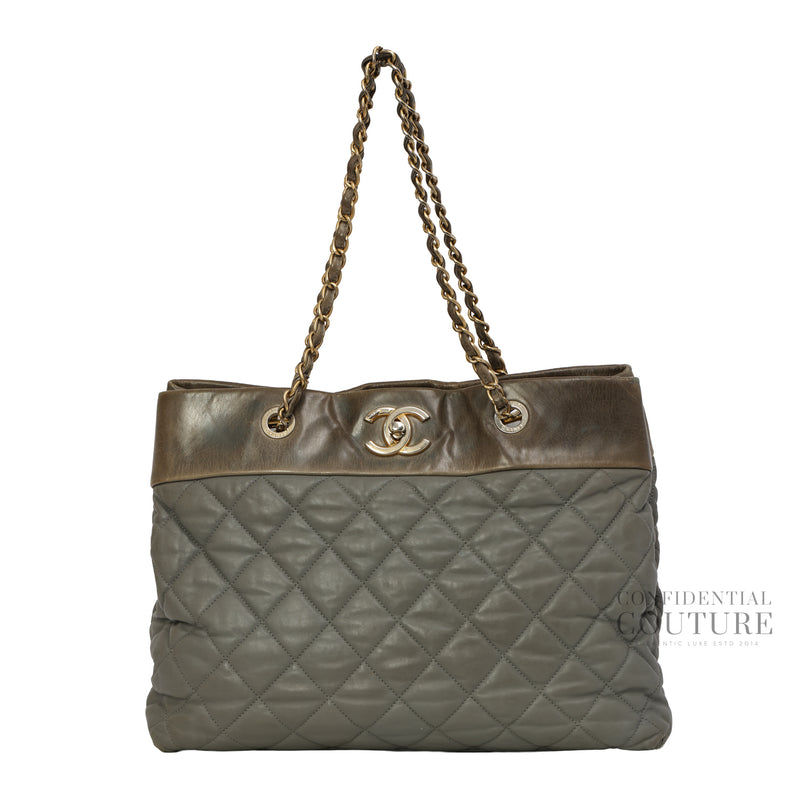 Grey Quilted Leather Soft Elegance Large Tote Bag
