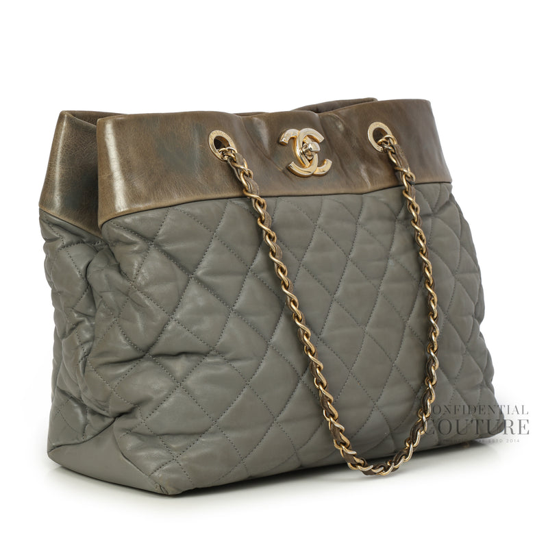 Grey Quilted Leather Soft Elegance Large Tote Bag