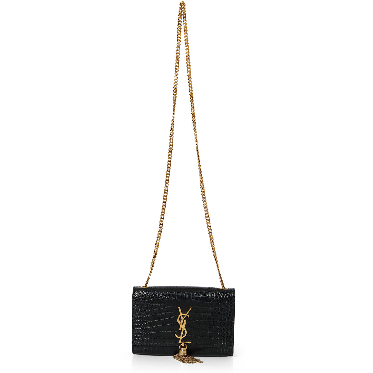 Black kate Tassel In Crocodile Embossed Leather