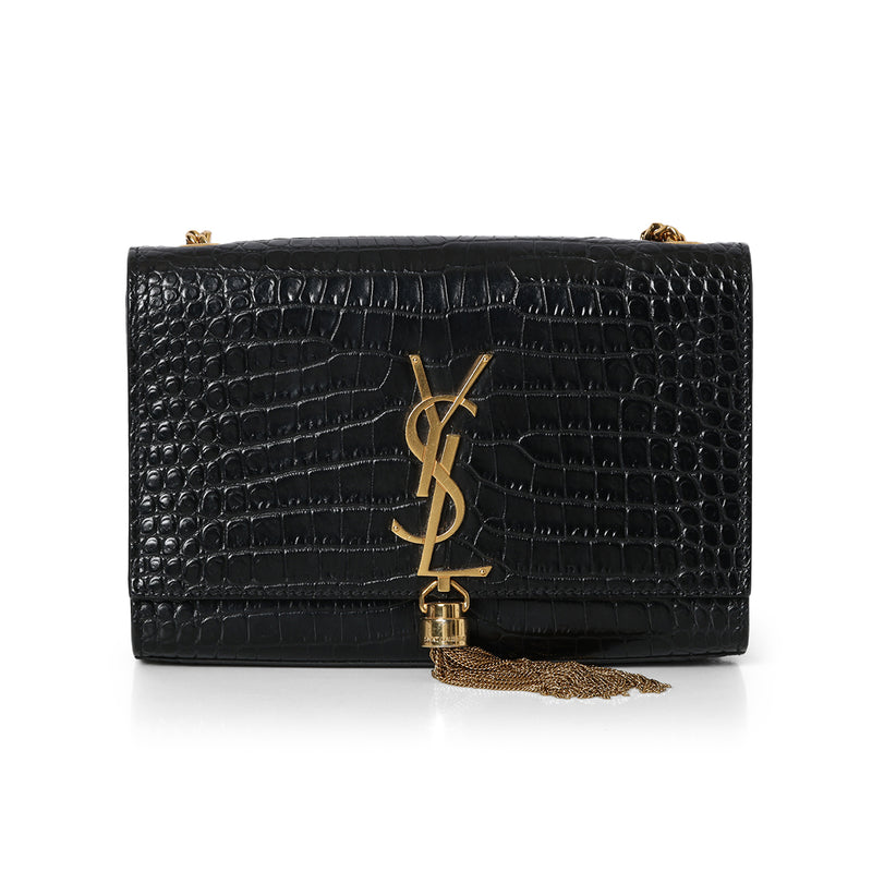 Black kate Tassel In Crocodile Embossed Leather