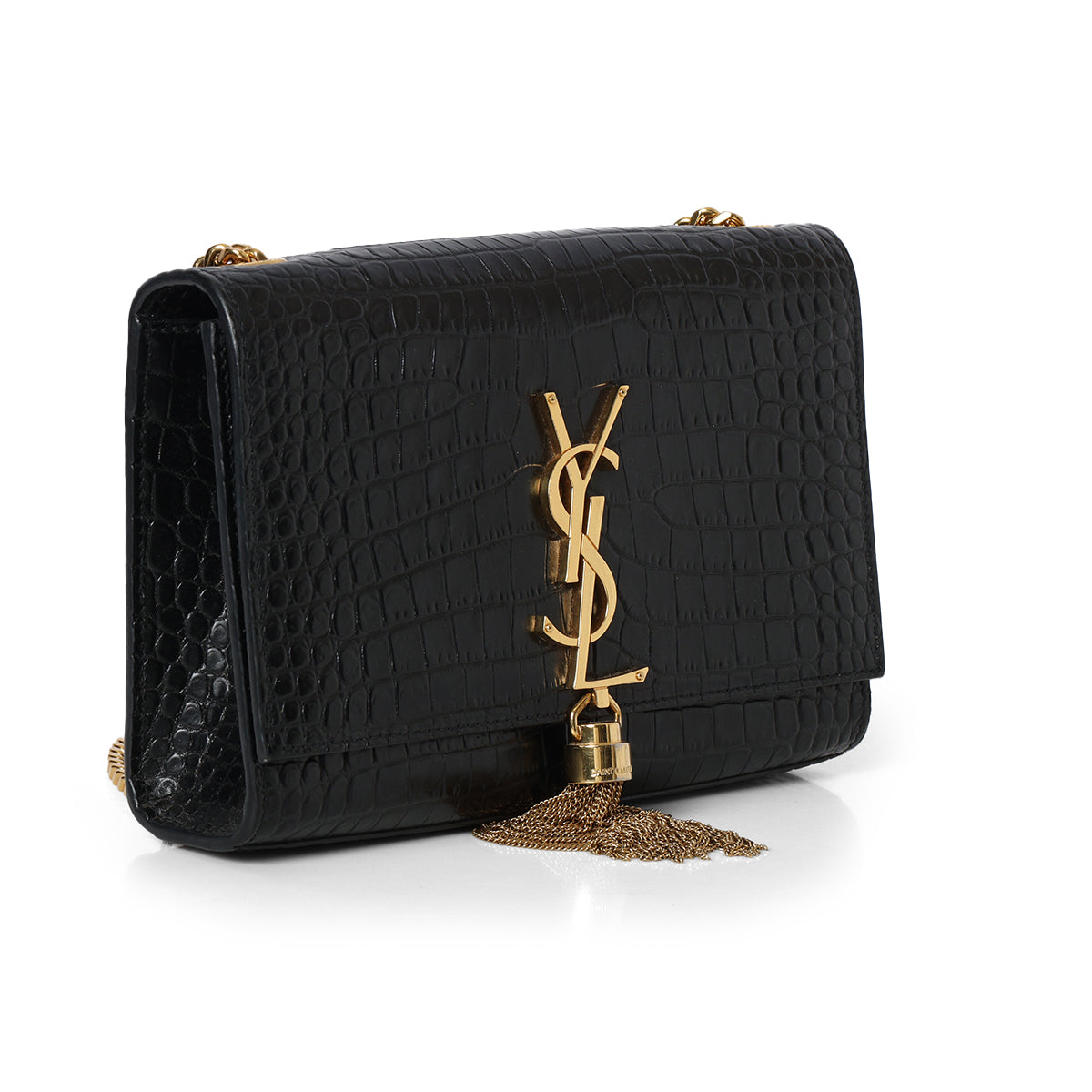 Black kate Tassel In Crocodile Embossed Leather
