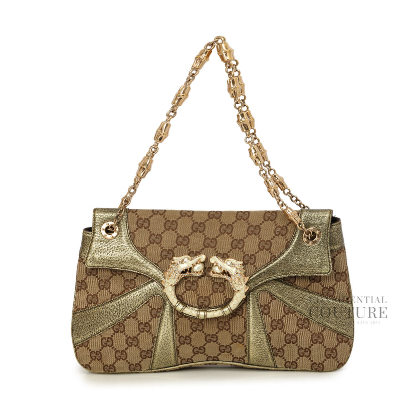 Brown/Gold GG Canvas Jeweled Dragon Shoulder Bag