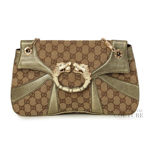 Brown/Gold GG Canvas Jeweled Dragon Shoulder Bag