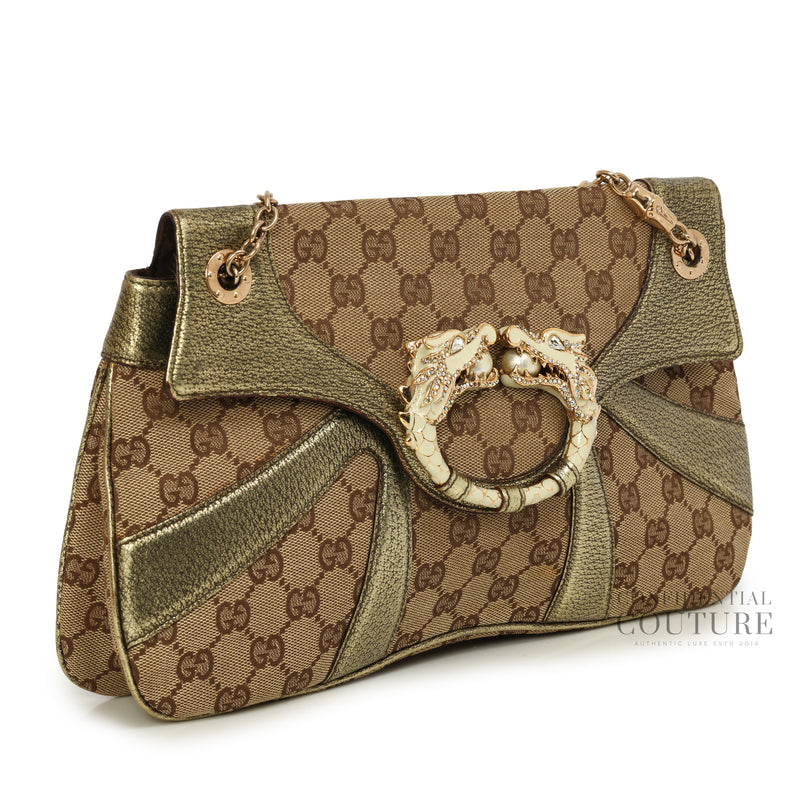 Brown/Gold GG Canvas Jeweled Dragon Shoulder Bag