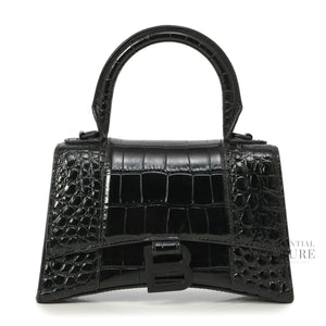 Black Croc-Embossed Hourglass XS Top Handle Bag