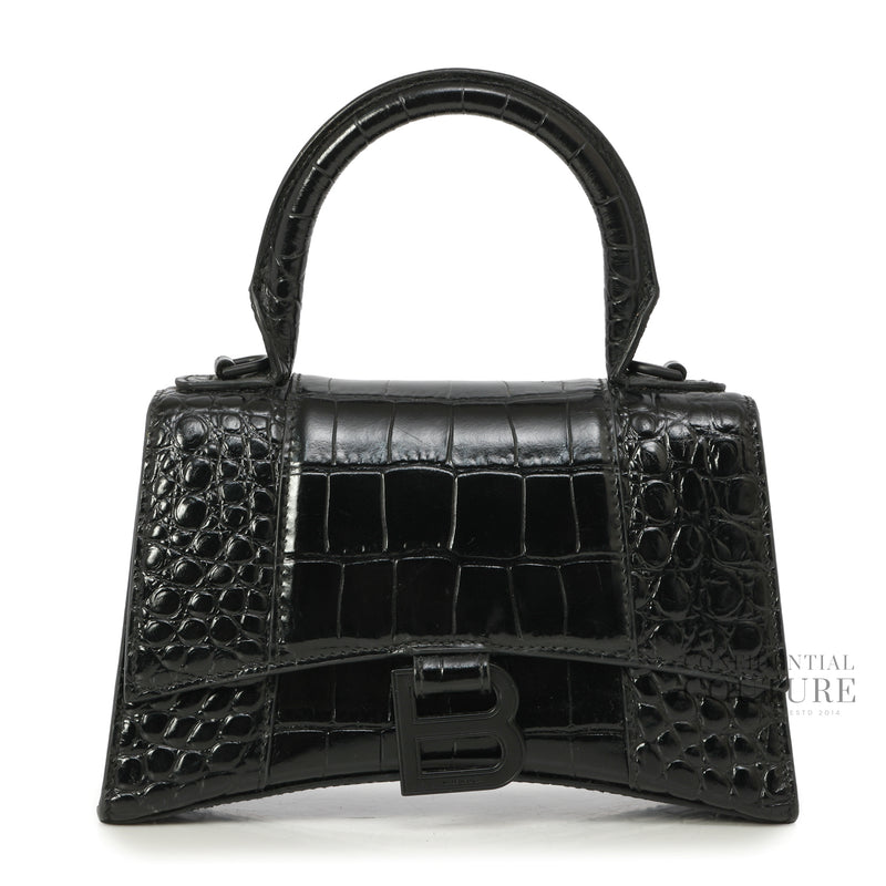 Black Croc-Embossed Hourglass XS Top Handle Bag