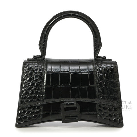 Black Croc-Embossed Hourglass XS Top Handle Bag