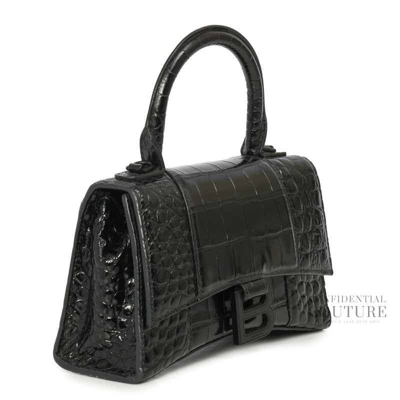 Black Croc-Embossed Hourglass XS Top Handle Bag