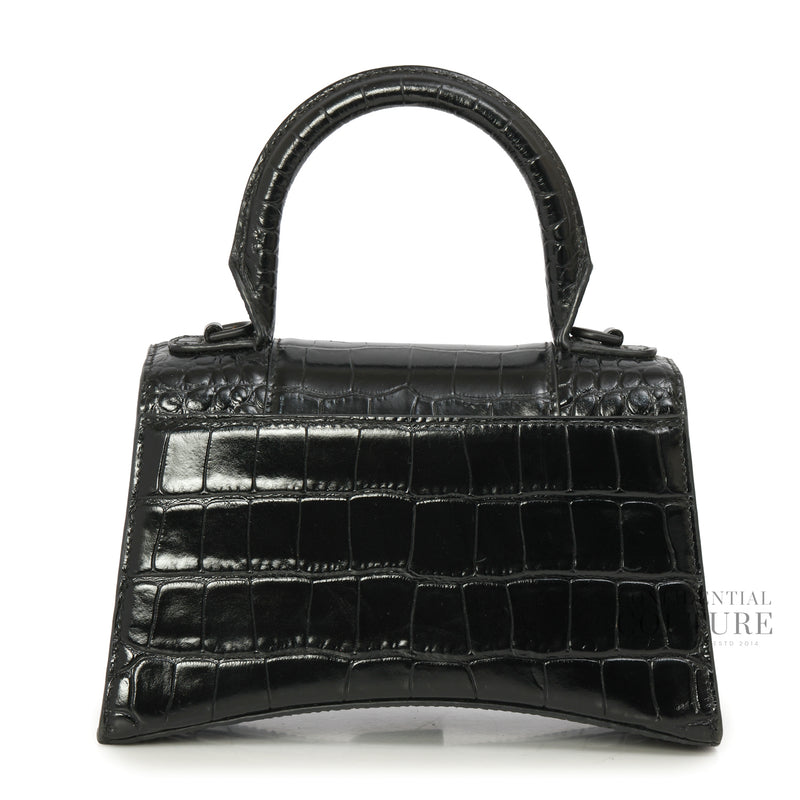 Black Croc-Embossed Hourglass XS Top Handle Bag