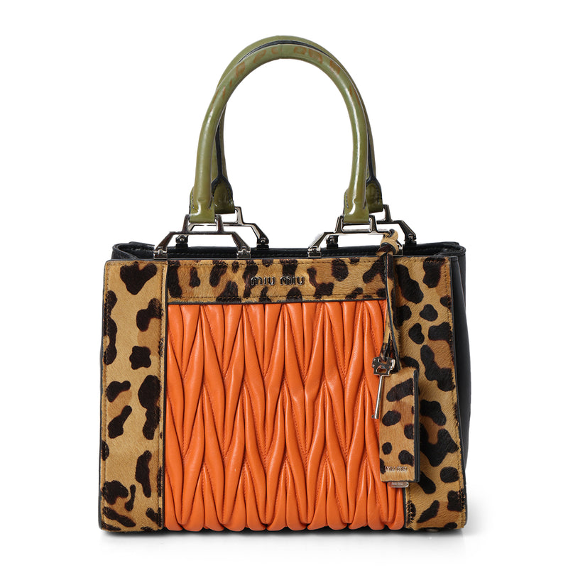 Miu Miu Cavallino Patch work Orange & Animal Print Satchel bag