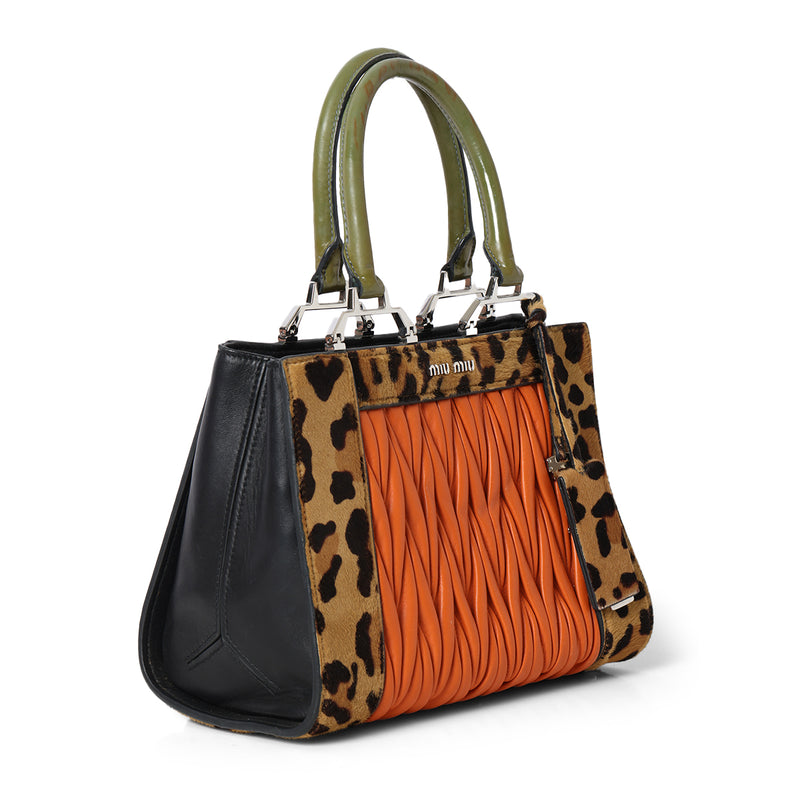 pre-loved Miu Miu Cavallino Patch work Orange & Animal Print Satchel bag
