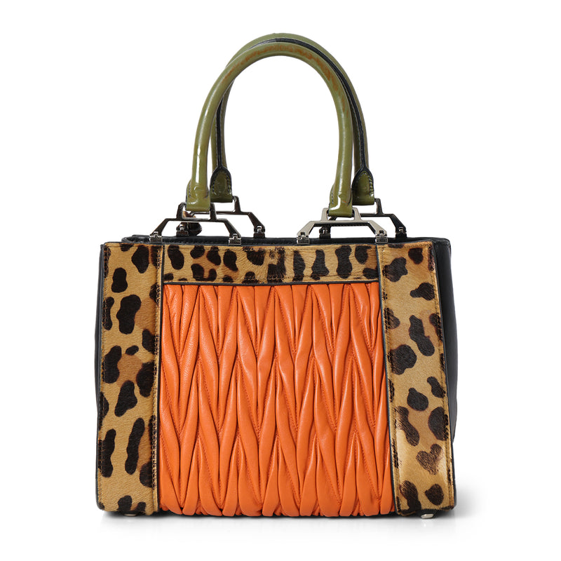 Women Miu Miu Cavallino Patch work Orange & Animal Print Satchel bag