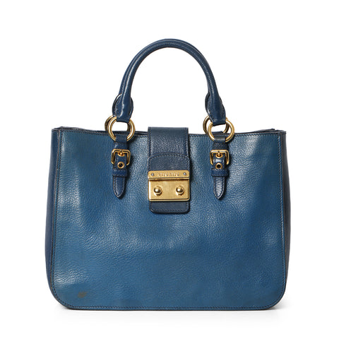Blue leather tote bag