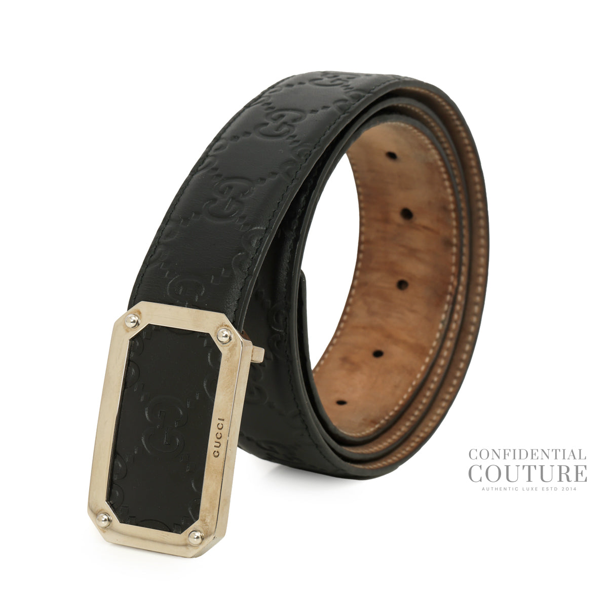 Black Guccissima Leather Square Buckle Belt- 95/38