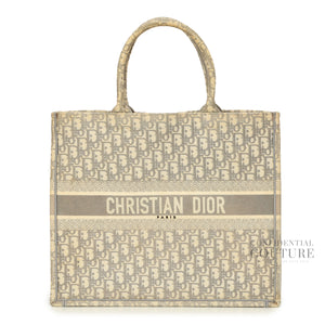Ecru and Gray Dior Oblique Embroidery Large Book Tote