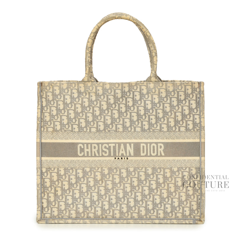 Ecru and Gray Dior Oblique Embroidery Large Book Tote