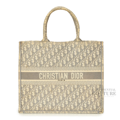 Ecru and Gray Dior Oblique Embroidery Large Book Tote