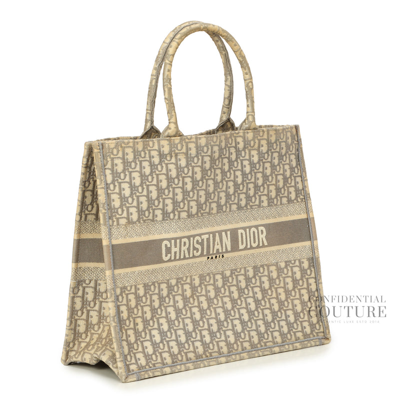 Ecru and Gray Dior Oblique Embroidery Large Book Tote