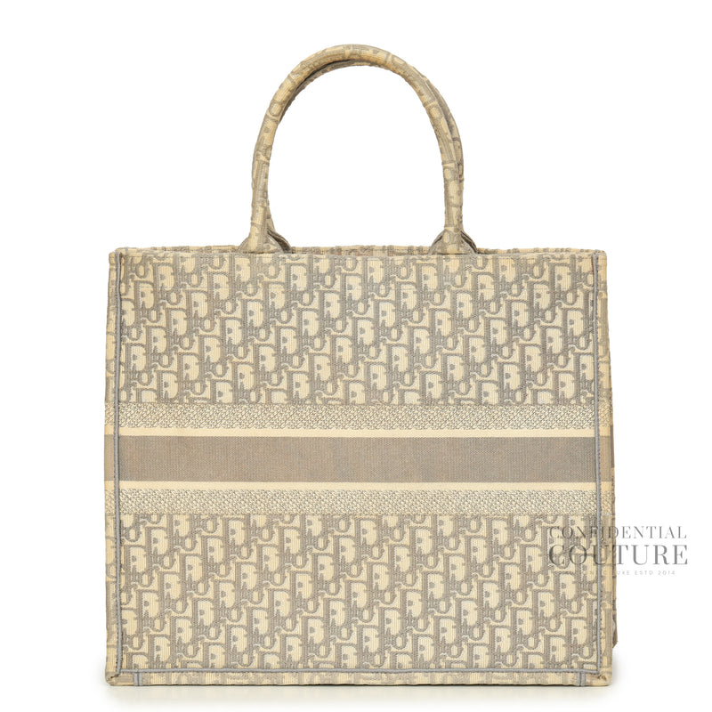 Ecru and Gray Dior Oblique Embroidery Large Book Tote